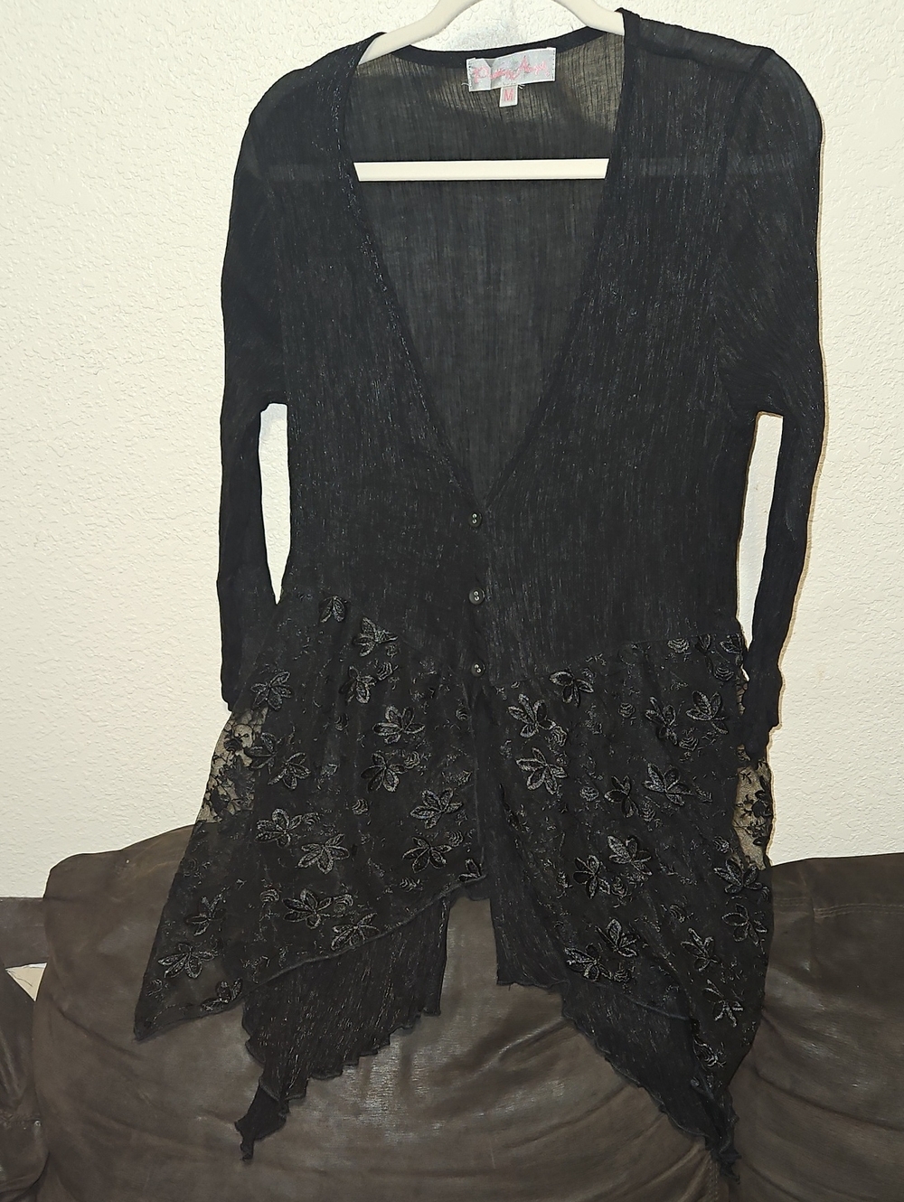 Pretty Angel Linen Blend Black Floral Lace Hem Button Cardigan